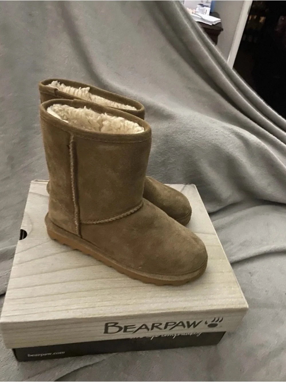 BearPaw Chestnut Suede Shearling Lined Short Boots